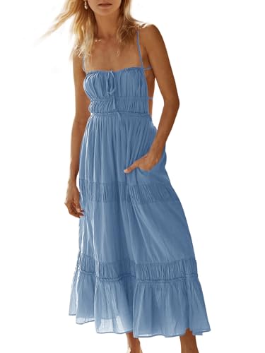 Image of Wenrine Womens Summer Beach Dresses Backless Spaghetti Straps Self Tie Tiered Flowy Casual Maxi Dress with Pockets