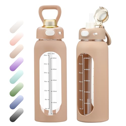 SIEROZUR 32 oz Glass Water Bottle with Straw and Handle 1 Liter Glass Water Bottle with Silicone Sleeve and Time Marker Sports Water Jug Wide Mouth for Travel Gym