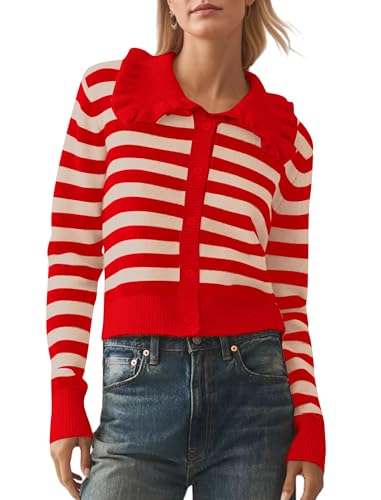 Image of HOCANDY Women Ruffle Collar Cardigan Sweater Preppy Cute Button Up Sweaters
