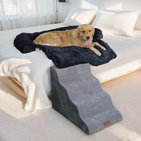 GGIB 4-Step Grey Dog Stairs and Dark Grey Large Calming Dog Bed Fluffy Plush Dog Mat for Sofa, High Bed Pet Steps for Small Dogs with Removable Washable Cover Cover