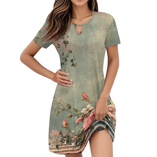 Kleid Damen Elegant, Damen Sommerkleider Kurzarm Lose Rundhals Wickelkleid Leicht und Luftig Kleid Bohemian Blumen Blumendruck Freizeitkleid Lockere...