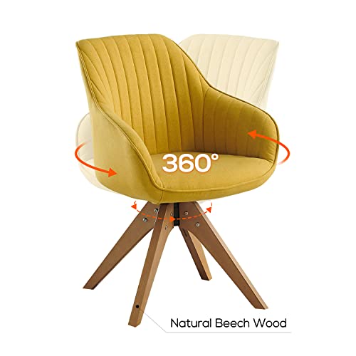 Art Leon Dining Chair, Mid Century Modern Fabric Upholstered Swivel Dining Room Chair With Wood Legs, Leisure Side Chair With Arms For Living Room, Yellow #TOP3