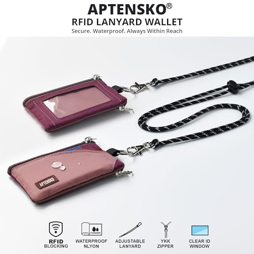 Image of RFID Blocking Travel Wallet with Adjustable Lanyard, Small Nylon Zipper Pouch and Badge Holder for ID, Credit Cards, Cash, Keys, Commuters (Mauve+Plum Wine)