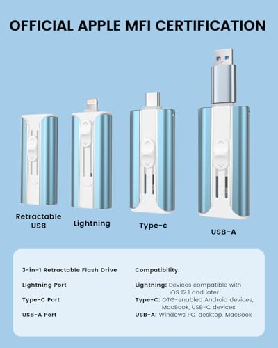 Image of MFI Certified 512GB Flash Drive - Photo Stick and USB Stick Offers Photo /Video Storage, The External Storage is Compatible with iOS, Android, and Pc,1 Pack (Blue)(Available Space: ~484GB)