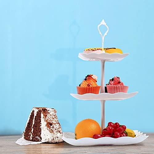 3 Tiers Cake Display Stand, White Afternoon Tea Stands, Plastic Square Cup Cake Fruit Dessert Party Server Plates Stands, Reusable Food Serving Platter Stand for Birthday, Wedding, Party