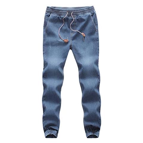 WUAI-Men Denim Jogger Jeans Comfy Strench Drawstring Elastic Waist Jeans Pants Plus Size Cover