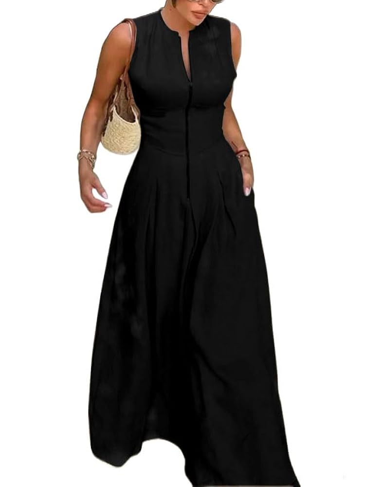 UOOZEE Womens 2024 Casual Sleeveless Zipper Long Dress