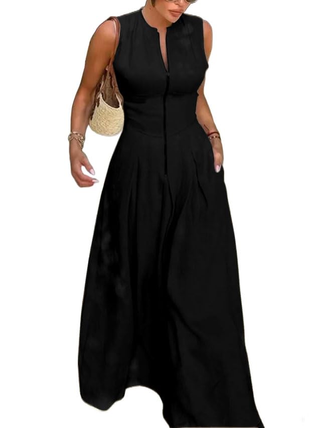 UOOZEE Womens 2024 Casual Sleeveless Zipper Long Dress Summer Beach Maxi Dress with Pockets