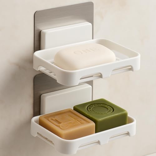 Image of Satpurush Self-Adhesive Soap Holder for Bathroom (Pack of 2) Wall Mounted No-Drill Soap Stand with Water Drainage | Strong Sticker Plastic Soap Dish for Wash Basin & Kitchen (White)
