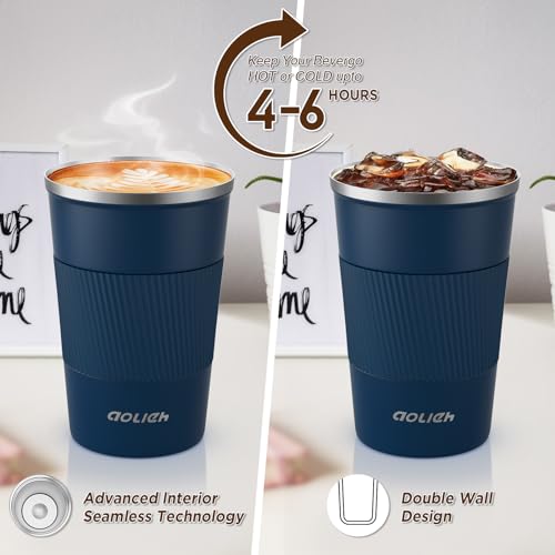 Image of Travel Mug 380 ml, Insulated Coffee Cup with Lid, Reusable Stainless Steel Thermal Cup for Coffee, Tea & Cold Drinks, Leak-Resistant Double-Walled Travel Mug, Navy Blue