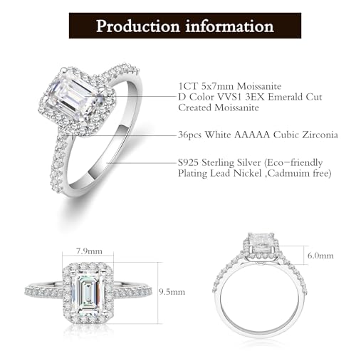 Moissanite Engagement Ring Size 5to9,S925 Sterling Silver Lab Created Diamond Promise Ring for Women,1Carat Halo Emerald Cut Wedding Rings Christmas Gift for Wife2
