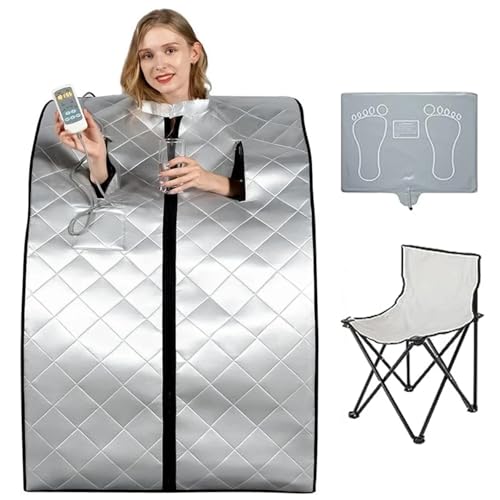 Mobile Sauna Ganzkörper-SPA-Set for eine Person mit zeitgesteuerter Fernbedienung, beheiztem Fußpolster und klappbarem Stuhl(Silver)