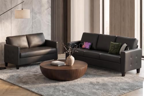 Image of STHOUYN Black Faux Leather 3 Seater Sofa Couch and Loveseat Set (3+2) | STHOUYN, Modern, Comfy, Tufted Armrest, USB Charger, 2 Pieces Living Room Furniture Sets, Office