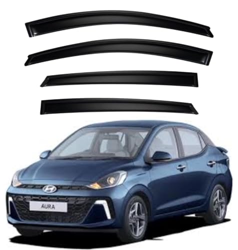 Image of Premium Smoke Car Door Visor Front+Rear Sun /Rain Guard Outside Mount Tape-On Window Visors Compatible with Hyu-ndai Aura (2025-2026)