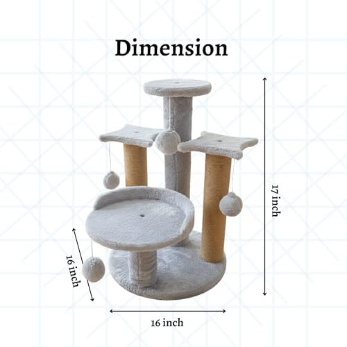 Image of Multi-Level Play Cat Tree, Grey and Natural Sisal, 17 Inch Height with Plush Platforms, Scratching Posts, Hanging Balls, Indoor Activity Tower FURR-18-GR (Grey)