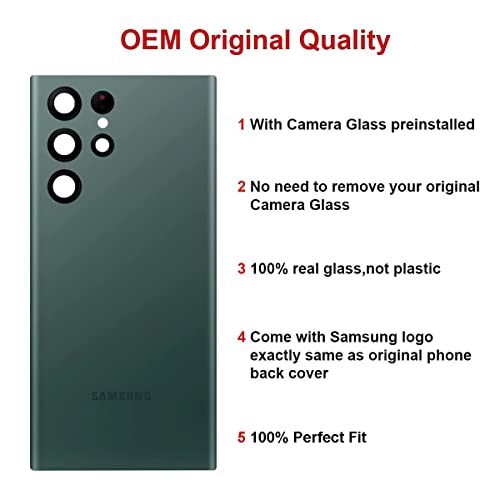 Perzework Rear Back Glass Replacement for Samsung Galaxy S22 Ultra 6.8 inches 5G with Reparing Toolkit and Pre-Installed Adhesive (Green)