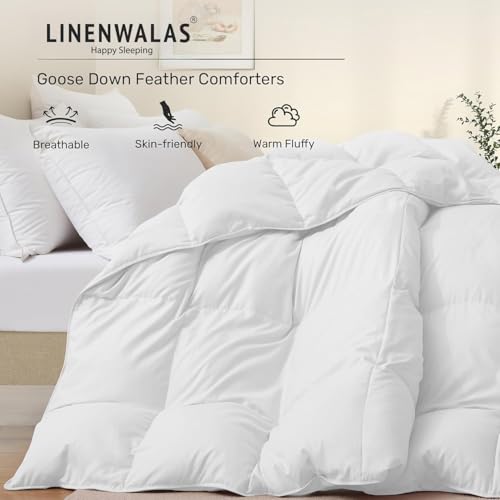 Image of LINENWALAS Feather Comforter Single Size, 50% Goose Duck Down & 50% Feather Warm Duvet Special for Winter Quilt Fluffy Blanket (White, 60 x 90 Inches)