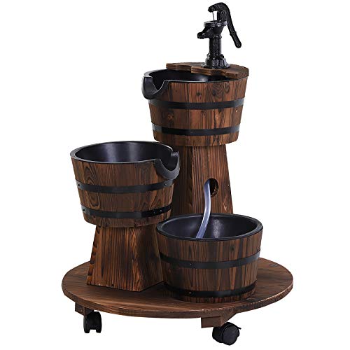 Outsunny Fuente de Barril de Madera con Bomba de Agua,Fuente en Cascada,Fuente Cilíndrica,Madera Rústica,Estilo Vintage,Fácil de Transportar,Madera de Abeto,Madera Carbonizada,Dimensiones 60 x 60 x 78
