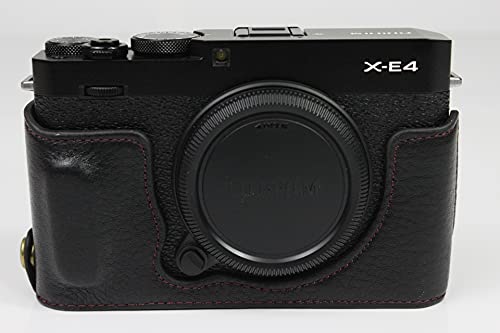 X-E4 Case, BolinUS Handmade Genuine Real Leather Half Camera Case Bag Cover for Fuji Fujifilm X-E4 XE4 Bottom Opening Version + Hand Strap (Black)