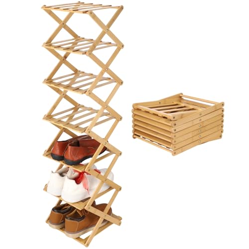 OMISTAR 7 Tier Wooden Vertical Shoe Rack, Folding Narrow Shoe