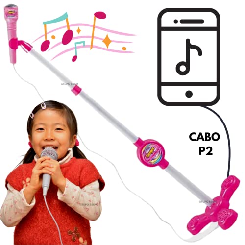 Brinquedo Microfone Karaokê Com Pedestal Rosa Conecta No Celular Infantil Criança Menina Cabo P2 Inc