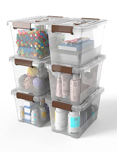 Image of WYT 6-Pack Clear 7 Quart Storage Latch Box /Bins, Plastic Stackable Latching Box with Brown Handle and Lid, Multi-Purpose, 7 Litre