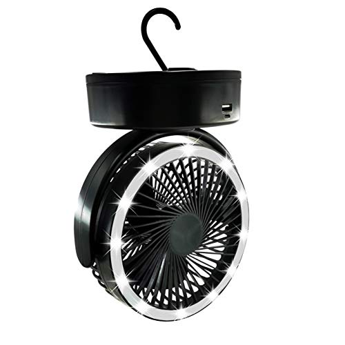 Gold Armour LED Camping Lantern with Fan - Rechargeable Battery Powered Light, Mini Portable Desk Tent Fan with Hanging Hook, Survival Kit for Power Outages, Hurricane, Emergency