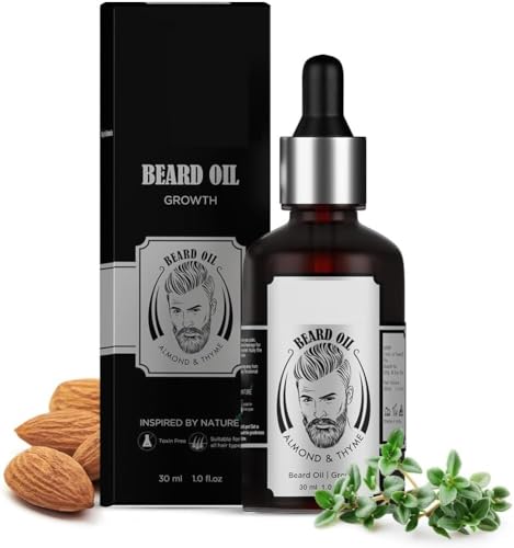 BETT - Aceite para barba para crecer más rápido con almendras y tomillo, 100 % natural, el mejor aceite para el crecimiento de la barba para hombres, nutre y fortalece la barba desigual y irregular -