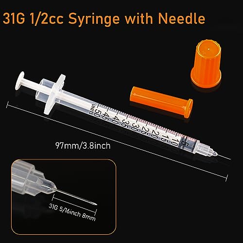 U-100 1/2ml Syringe with Needle, 31G 5/16\" 8mm 1/2cc Syringes, Disposable Individual Package, Pack of 20