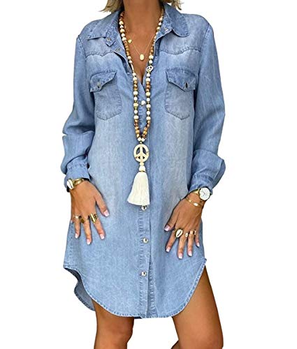 Women's Denim Lapel Neck Shirt Dress Long Sleeve Blouse Button Down Tops with Pockets (Light Blue, Large)