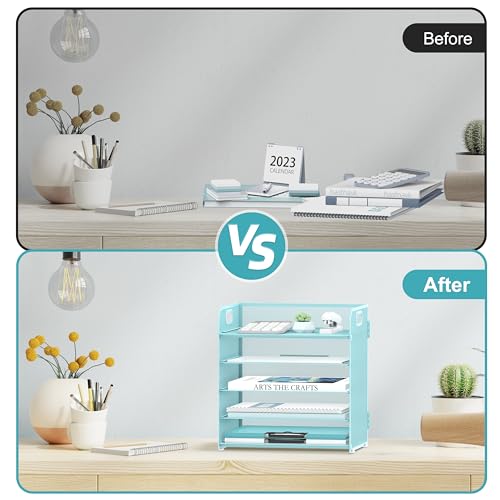 Image of Supeasy 5 Trays Paper Organizer Letter Tray with Handle-Mesh Desk File Organizer, Paper Sorter Desk Organizer for Office, Home or School (Light Blue)