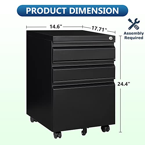 Afaif 3 Drawer Mobile File Cabinet With Lock, Rolling File Cabinet For Home Office, Under Desk Small File Cabinet, Metal Vertical Black Filing Cabinet For Legal/Letter/A4 File, Not Assembled #TOP2