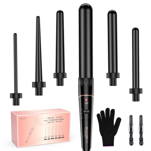 BESTOPE PRO Hair Curler 6-in-1 Curling Wand Set, Curling Iron with 2 Temperature Control, Curling Tongs with Heat-Resistant Glove and 2 Hair Clips