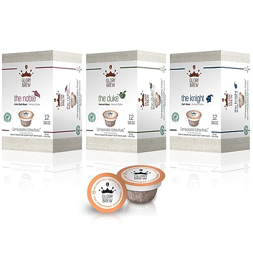 GLORYBREW 36 ct Compostable Coffee Pods I Compatible with Keurig I Premium Coffee Variety Pack I Medium & Dark Roast I Biodegradable I Rainforest Alliance Certified