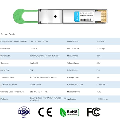 Image of 200G QSFP-DD CWDM4 Optical Transceiver Module Compatible with Juniper Networks QDD-2X100G-CWDM4,200GBASE-CWDM4 1271nm, 1291nm, 1311nm, 1331nm 2km DDM Dual Duplex CS SMF