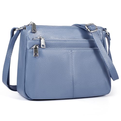 befen Real Leather Small Crossbody Bags for Women Lightweight Pocketbooks Shoulder Bag Satchel Purses with Multi Zipper Pockets Light Blue