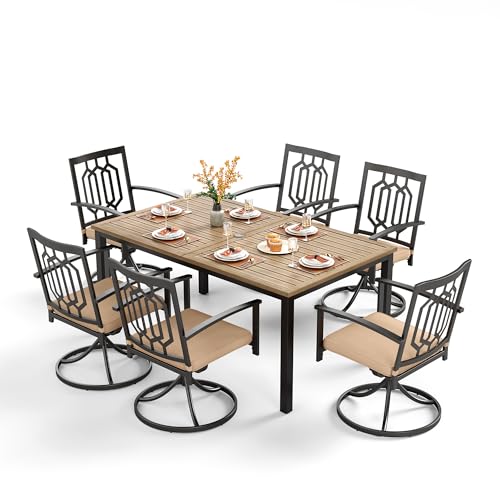 Image of PHI VILLA 7 Pieces Outdoor Dining Set for 6, 65 inch Rectangular Wrought Iron Wood-Like Table with Umbrella Hole & Swivel Metal Steel Chairs, Outside Furniture Set for Patio, Porch, Deck, Backyard