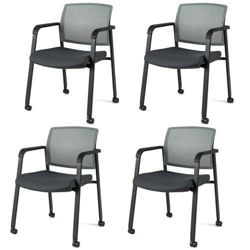 COSTWAY Set of 2/4/6 Stackable Reception Chairs, Upholstered Mesh Office Chair Meeting Conference Armchair, Computer Desk Seat Guest Visitors Chairs for Home Office (4PCS with Wheels, Grey)