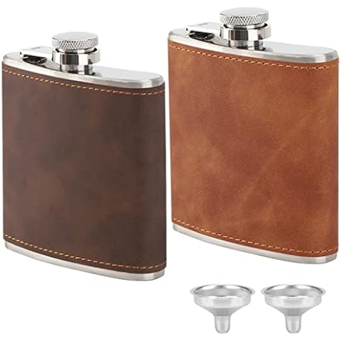 2 Pack 6oz Hip Flask with 2 Funnels - Stainless Steel Whiskey Flask with Leather Wrapped Cover, 100% Leak Proof Hip Flask for Men Women Travel Gift ( 1X Brown, 1X Coffee) Cover