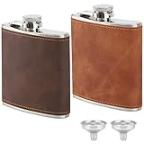 2 Pack 6oz Hip Flask with 2 Funnels, 304 Stainless Steel Whiskey Flask with Leather Wrapped Cover, Leak Proof Hip Flask for Men Women Travel Father's Day Gift (1X Brown, 1X Coffee)