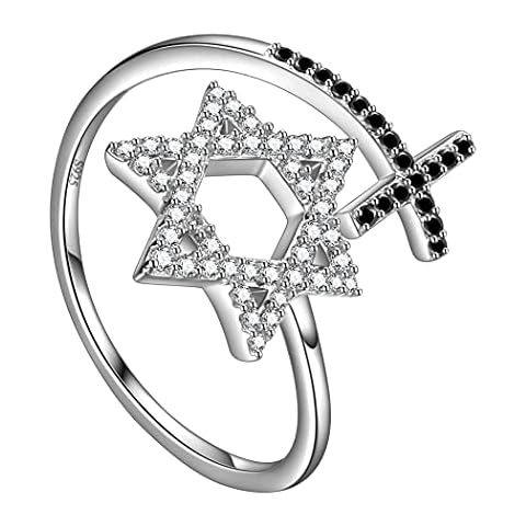 Adjustable Jewish Star of David Ring for Women 925 Sterling Silver Cubic Zirconia Iced Out Magen David Star Ring Black CZ Cross Ring Jewish Star Open Ring Protection Cross Star of David Jewelry FR039W Cover