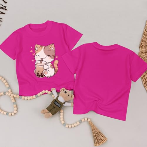 Image of KEEVICI Cute Cat Shirts for Girls Graphic Tees Bubble Tea Tshirt Kids Kawaii Cartoon Animal Print T Shirt Summer Cotton Tops