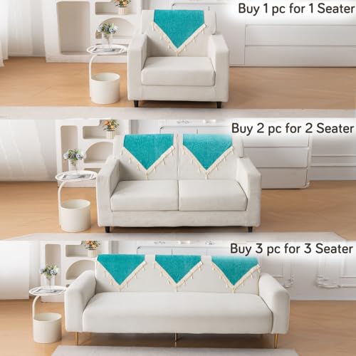 Image of HOKIPO 'Serenity Tassel' Chenille Sofa Back Cover with Tassels - 1 Pc Ocean Teal (IN-894-SBL)