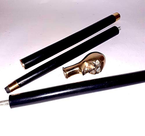 Canne de marche en bois vintage Ganga avec pommeau tête de mort en laiton, élégance artisanale