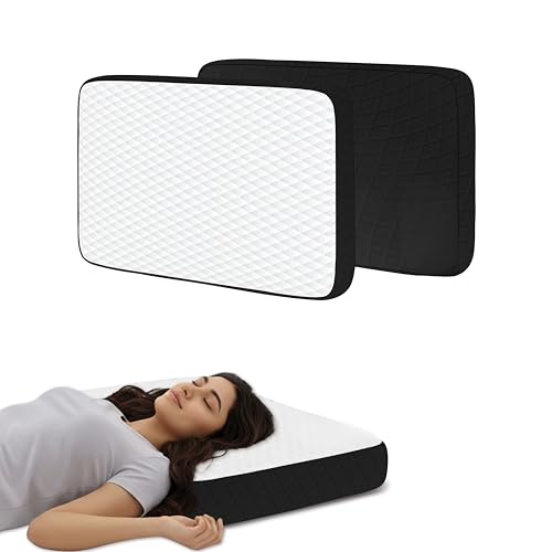Image of Orthopedic Memory Foam Pillow, 50x30x6 cm Shredded Core for Neck Support, White /Black Breathable Fabric, Aligned Spine Bedding for Back and Stomach Sleepers, High Density Cushion