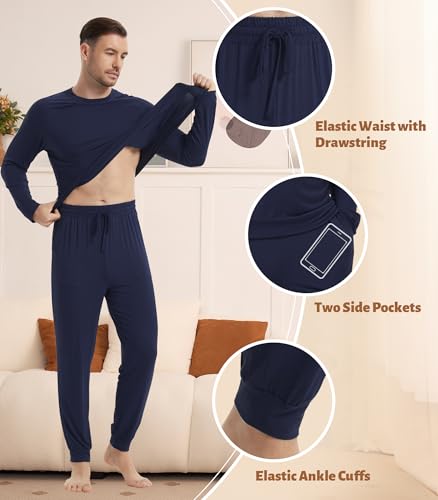 Image of NACHILA Mens Pajamas Set Long Sleeve Henley Sleepwear Top Soft Jogger Pants Pajamas Cool Pjs Set,Viscose Made from Bamboo
