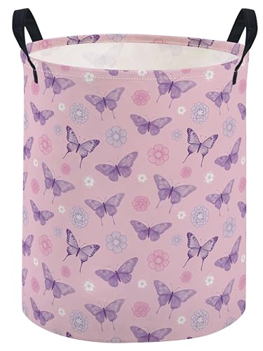 Image of ESSME Kids Laundry Basket,Butterfly Hamper Collapsible Canvas Waterproof Storage Bin for Boys, Cute Hamper,Gift Baskets(Pink butterfly)