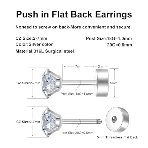 Flat Back Stud Earrings for Women - Hypoallergenic Surgical Steel Earrings with CZ Stones - 6 Pairs (18-20G)4