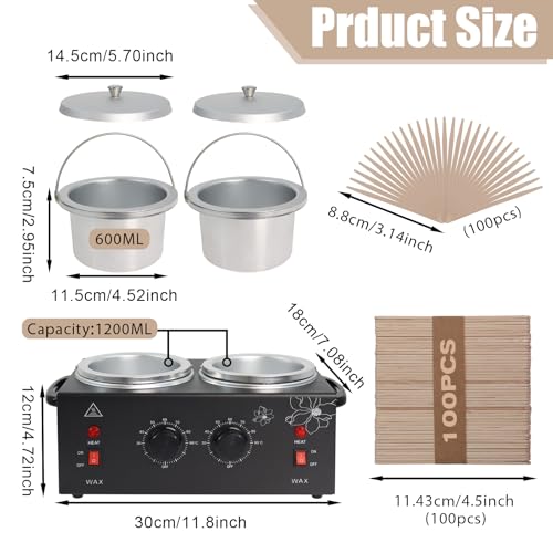 Image of Wax Warmer Double Pot, Professional Electric Heater for Facial, Body, Spa, and Salon, 1.2L Dual Adjustable Temperature with 100 Wooden Craft Sticks, Hair Removal (Black)