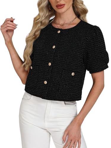 Women's Tweed Blazers Jackets Cropped Puff Short Sleeve Collarless Work Suits Coat with Pockets3
